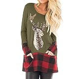 Yvelands Damen Weihnachten Tops Plaid Splice Hem Rentier Langarm Niedliche Tunika Bluse(EU-32/S,Grün)