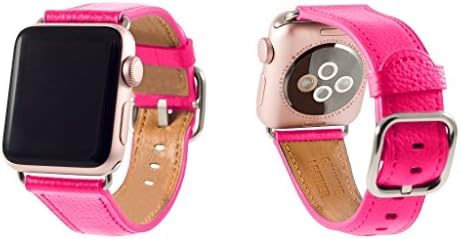 Sol Accessories Genuine Leather Wrist Band Replacement Straps with Stainless Steel Buckle Clasp compatible with Apple iWatch 38mm & 42mm Series 1/2 / 3/4 / 5 (38mm, Pink)