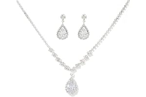 BSLVWG Bridal Wedding Jewellery Set Silver Rhinestone Necklaces and Earrings Set Sparkly Crystal Dangle Drop Earrings Necklace Jewellery Set for Women and Girls