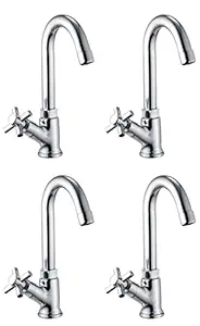 Drizzle Swan Neck Pillar Cock Corsa Brass Chrome Plated/Wash Basin Tap / 360 Degree Moving Spout Tap/Bathroom Tap/Quarter Turn Tap/Water Foam Flow Tap - Set of 4