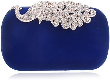Women Diamante Encrusted Rhinestone Peacock Velvet Party Clutch Evening Bags (Blue)