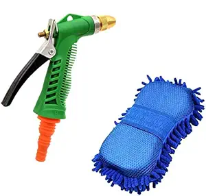 JIGsMART 2 in 1 Combo Set of High Pressure Water Spray Spray Gun with Brass Nozzle for Car/Bike and Car Washing Sponge with Microfiber Washer Duster | Set of 2 (Multicolor)