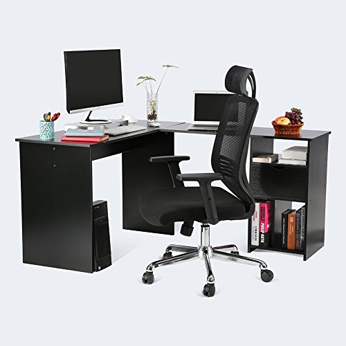 L-Shaped Office Computer Desk, Large Corner PC Table with monitor stand for Home and Office Use,White Wood Grain(2 Carton Packages) … (Chair+Desk(black))