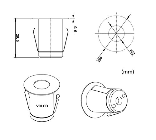 VBLED® Mini Boden-Einbaustrahler 0.6W LED, Warm-weiß, 14 Lumen, IP67 wassergeschützt, Edelstahl – Rostfrei & Robust – Einfache Montage in Terrassen, Steinen, uvm (Einzel – ohne Netzteil) - 4