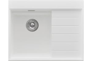 PRIMAGRAN Evier Cuisine en Granit Blanc 62x50cm, Lavabo 1 bac + Kit de Vidage, Évier à Encastrer al mueble 40cm - Sydney S053