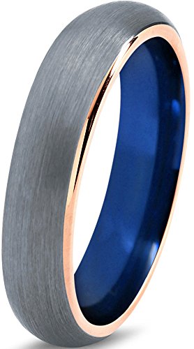 Tungsten Wedding Band Ring 5mm for Men Women Blue 18k Rose Gold Domed Brushed Polished Lifetime Guarantee