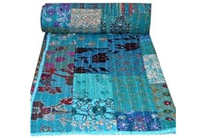 SOPHIA-ART Handmade Vintage Khambadiya Print Hand Jari Patchwork King/Twin Size Embroidery Kantha Quilt Home Decorative Khambadiya Kantha Quilt Kantha Bedspread Indian Blanket Coverlet (Turquoise, 108"*108")
