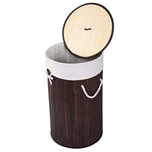 Wäschekorb Wäschekörbe Wäschebox Wäschetruhe Wäschesammler Bambus mit Leinen Kleidersack Wäschetone Wäschewagen 57L (Braun) - 5