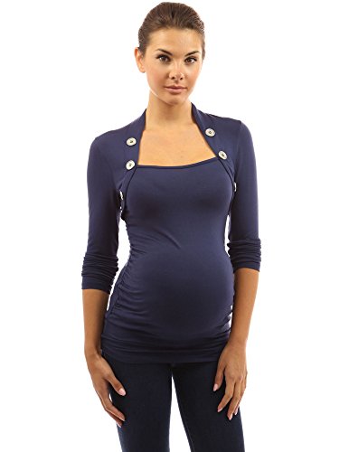 PattyBoutik Mama Button Embellished Ruched Maternity Top (Navy Blue 12)