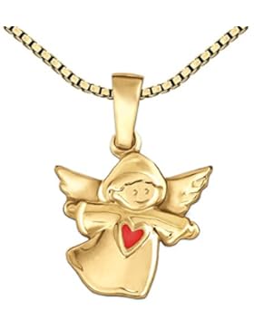 CLEVER SCHMUCK-SET Goldener Anhänger kleiner Kinderengel mit Herz rot glänzend 333 GOLD 8 KARAT mit vergoldeter...