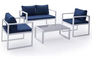 Happy Garden Conjunto de jardín Ibiza Tela Azul 4 plazas - Aluminio Blanco
