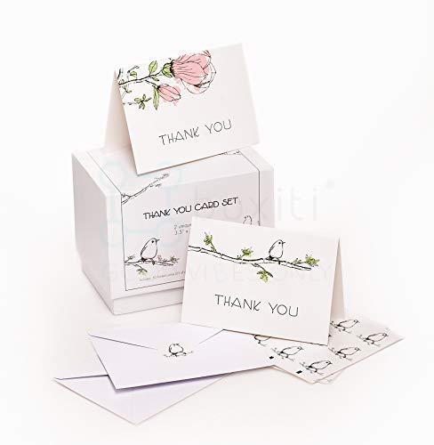 Thank You Cards Notes Set - Bulk Box of 50 Thank You Note Cards with Envelopes and Stickers for Business, Friends, Wedding, Bridal, Baby Shower, 2 Design Blank Inside 3.5 x 5 inch Card When Folded
