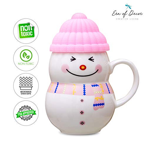 Era Of Décor Cute Snowman Ceramic Mug with Lid for Baby, 400 ml, Pink