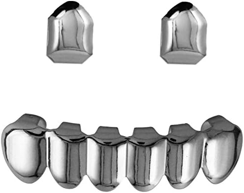 24K White Gold Plated 6 Tooth Bottom Grillz With 2 Single Tooth Upper Grillz + 2 EXTRA Molding Bars