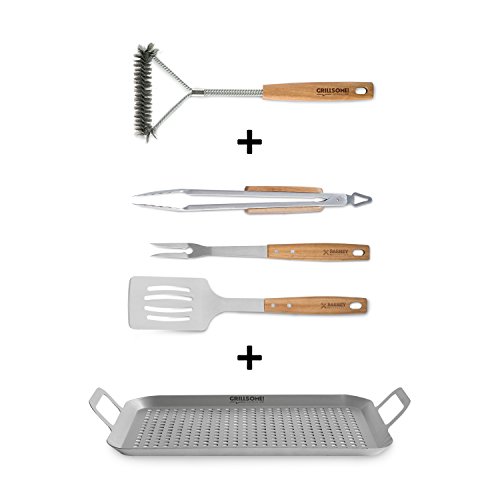 Edelstahl Grillzubehör-Set 5 tlg. von Springlane Selection bestehend aus Echtholz Grillbesteck-Set (Grillzange + Fleischgabel + Grillwender), Grillbürste und Grillplatte