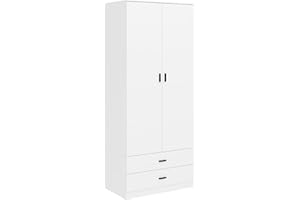 URBNLIVING Tall Wooden 2 Door Wardrobe With 2 Drawers Bedroom Storage Hanging Bar Clothes (White Carcass + White Drawers)
