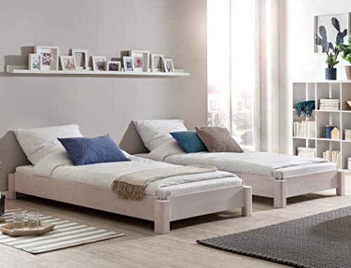 expendio 2X Stapelbett Timo Kernbuche weiß Größe nach Wahl Singlebett Jugendbett Gästebett Massivholzbett Holzbett Bett, Liegefläche:100 x 200 cm