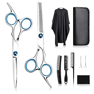 MAYCREATE  Professional Hair Cutting Barber Scissors Kit - 6.7 Inch Hairdressing Scissors with 3 Combs, Haircut Cloak and Hair Clips Hairdresser for Men and Women ( 9Pcs)