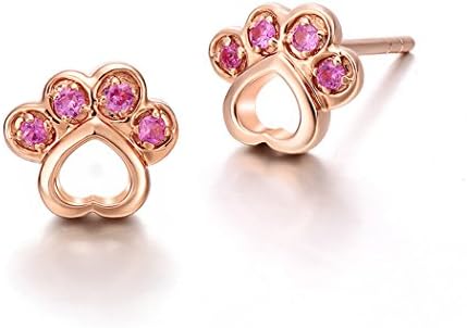 Women's Sterling Silver Crystal Dog Cat Paw Stud Earring (Rose Gold)