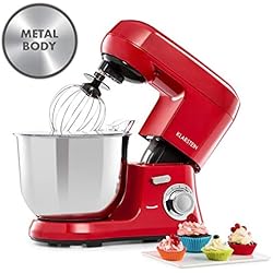 Klarstein Bella Robusta Metal - Robot culinaire multifonctions, Mélangeur planétaire, 1200 watts, 6 vitesses, Bol mélangeur de 5,5 litres, 3 accessoires, Rouge