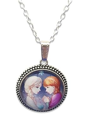 Eingefroren. 'Frozen' Prinzessin Elsa und Anna Schwestern Glas Cabochon AnhŠnger Halskette mit Silber Ton Kette