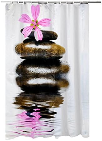 Carpemodo Textile Shower Curtain 100% Polyester / Design: Zen Stones with Flowers Brown and Rose on A white background and dimensions: 180 x 200 CM / Value for Money