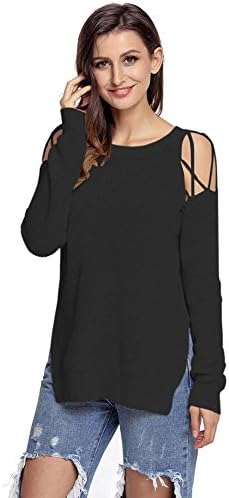 casual knit sweater women split the fork cross straps long sleeve loose tops elasticity sportswear sweatshirts pullovers . black . m