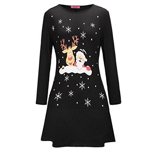 Preisvergleich Produktbild Damen Weihnachtskleid Sonnena Christmas Kleider Langarmshirt Xmas Elch Gedruckt A-Line Swing Kleid Abendkleid Kleid Mini Kleid Partykleid Großen Cocktailkleid Dress (Schwarz, S)