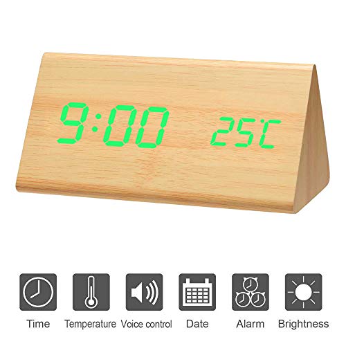 X-EUCO Reloj Despertador Digital, LED Despertador de Manera Pantalla LED Control de Voz con Fecha/Semana/Temperatura para Niños, Hogar, Oficina Triangle Verde