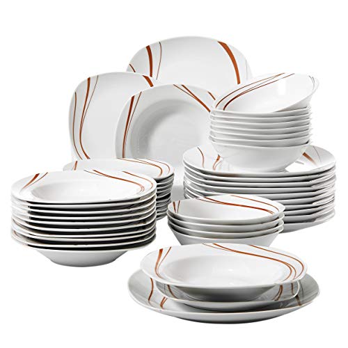 Veweet BONNIE 48pcs Service de Table Pocelaine 12pcs Assiettes Plates 24,6cm, 12pcs Assiette Creuse 21,5cm, 12pcs Assiette à Dessert 19cm, 12pcs Bols à Céréales 17cm Vaisselles pour 12 Personnes
