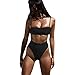 Produktbild Amoyl Damen Brasilianischer Bikini Set Solide Push Up Gepolsterter BH Hohe Taille Tanga String Zweiteilige Sommer Bikinis Badeanzug (Schwarz, M)