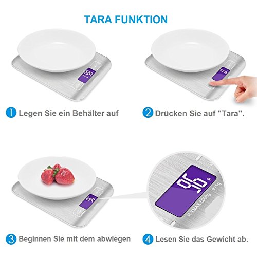 ThinScale Edelstahl Küchenwaage, Ultraflache Digital Waage, Edelstahl gebürstet , bis 5000g in 1g Schritten, 4 Wiegeeinheiten - 4
