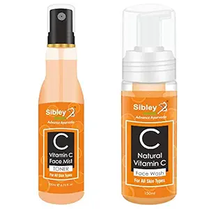 Sibley Beauty Vitamin C Face Spray Mist Toner (1 x 200 ml) + Vitamin C Foaming Face Wash ( 1 x 150 ml ) - pack of 2 - bright & facial glow, soft, smooth and glowing skin, men women girls boys.