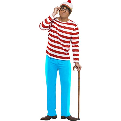 Smiffys Men's Where's Wally? Costume, Top, Trousers, Glasses & Hat, Colour: Red and White, Size: M, 34591