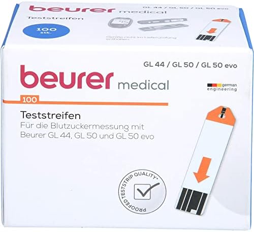 Beurer Strisce Reattive Misurazione Glicemia per GL 50, GL 50 evo, GL 44, Adatto per l’autocontrollo del tasso glicemico, Confezione da 100