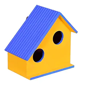Sanmark Dual Bird House Nest Box Breeding House with Designer Roof for Small Birds Sparrow, Finches Handmade Bird Friendly Wooden Hanging for Home/Garden (Blue/Yellow - 20 x 14 x 22 cm.)