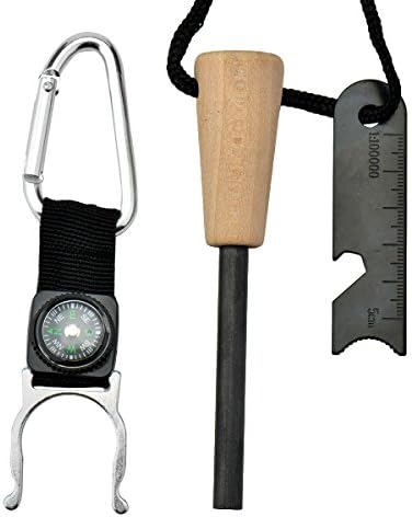Cozypony Survival Bushcraft Fire Starter with Wooden Handle Compass and Bottle Clip for Firecraft, Backpacking, Camping