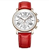 ZYX Quarzuhr, Damen Retro Mechanische Uhr, Multi Funktion Wasserdichte Chronograph Kalender Uhr, Alloy Dial Leder Armband, Rot, Weiß,Red