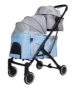 Double Pet Stroller for 2 Dogs Cats Folding Portable Carrier Cage Detachable 3 in 1 Pet Stroller Folding Detachable Jogger Travel Carriage Easy to Walk (Blue)