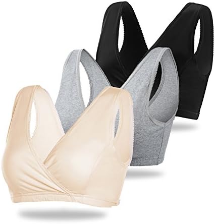 KOOYOL Women's Cotton Maternity Nursing Sleep Bra for Breastfeeding (L/XL, Black+Gray+Nude)