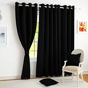 Story@Home Room Darkening Thermal Insulated Eyelet Noise Reducing Blackout Faux Silk Superior 2 Piece Plain Solid Door Curtains, 7 feet, Black