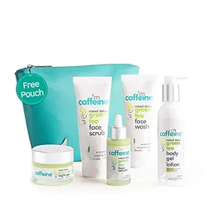 mCaffeine Green Tea Kit with Free Teal Pouch | Hydrate, Detox and Soothe your Skin with Caffeine, Vitamin C, Walnut, Hyaluronic Acid & Shea Butter | Pack of 5