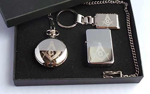 Preisvergleich Produktbild Freimaurer, Freimaurerei, Freimaurer GPO Group Exklusives Geschenkset, versilbert, Freimaurer Logo, Maurer von London, Half Hunter Taschenuhr, Masonic Logo, Feuerzeug aus poliertem Metall und versilbertem, Freimaurer Schlüsselanhänger, in Geschenkbox