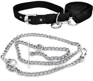 PSK Combo of Black Color Dog Belt with Silver Color Dog Chain Dog Collar & Chain (Medium, Multi Color)