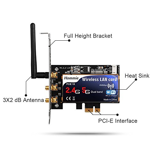 Hommie Tarjeta de Red WiFi  Adaptador PCI Inal  mbrico Express Banda Dual con Velocidad hasta 450Mbps  Internet Tarjeta por Ordenadores  de  Sobremesa