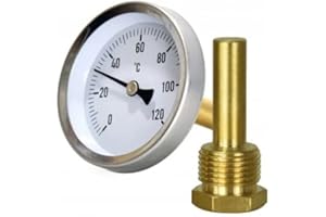 KNM TRADE Bimetall-Thermometer Ø63mm, 0-120°C, Axial-Zeigerthermometer mit 1/2'' Anschluss und Tauchhülse Ø10mm für Heizsysteme und Boiler