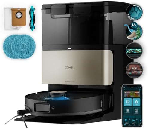 Cecotec Robot Aspirapolvere e Lavapavimenti Base Autosvuotamento Conga X80 Pro.Navigazione Laser, 25000Pa, Area fino 240m², Tecnologia Adattiva, Disinfezione Mop, Bluetooth WiFi, App per Igiene Totale
