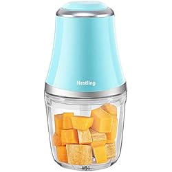 Nestling® Hachoir Electrique Viande avec Bol en verre 600 ML, Hachoir Viande 280W avec 3 Lames pour hacer Viande, Oignon, Herbes, Fruit Sec et Nourriture pour bébé (Bleu)