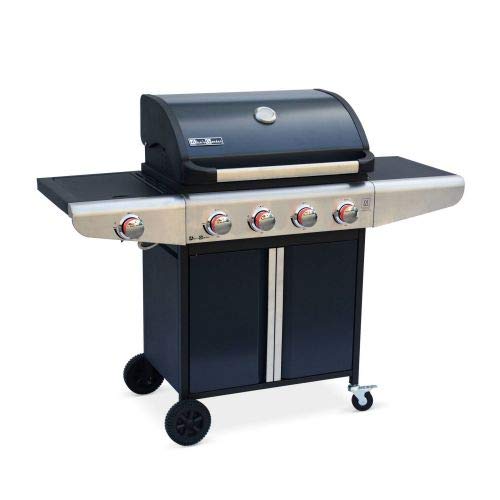 examen Alice's Garden Barbecue au gaz - Bazin 4 Gris Anthracite - Cuisine extérieure 4 brûleurs + 1 feu latéral avec tablettes et thermomètre, Rangement, Roues