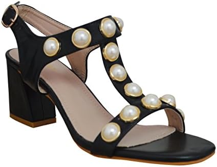 Ciara New Ladies Womens Block Heel Casual Strap Pearl Upper Sandal Shoes, Black 4
